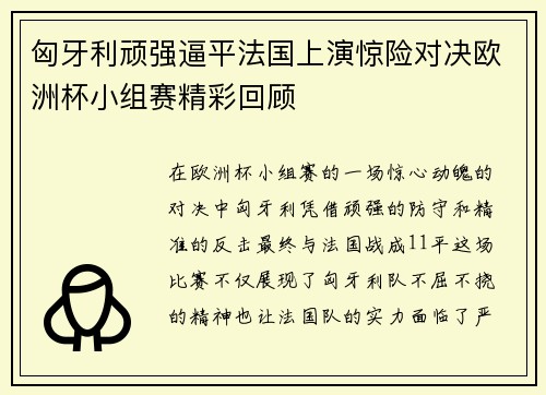 匈牙利顽强逼平法国上演惊险对决欧洲杯小组赛精彩回顾